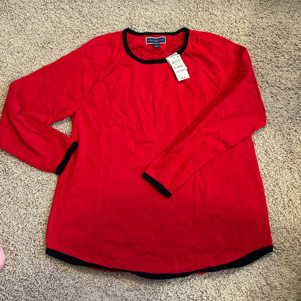 KAREN SCOTT size MEDIUM Contract Sweater Red with Black Trim NEW